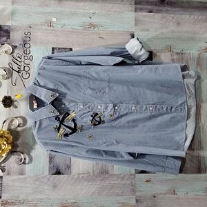 Vintage 2X? TIA Nautical Blue White Check Gold Embroider Button Down Blouse 126